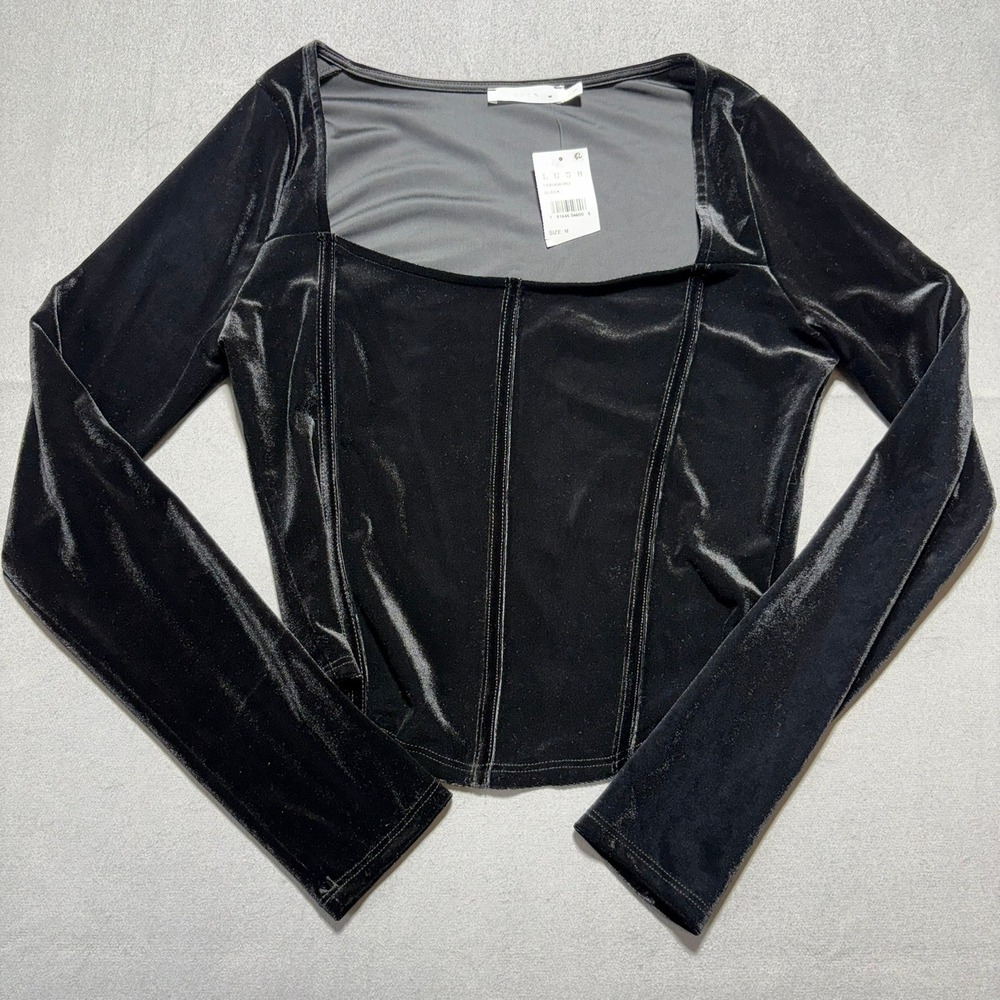 Lush Black Velvet Corset Top Square Neck Long Sleeve T19030B-003 Medium NEW